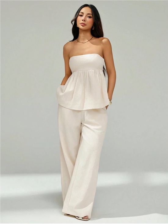 Pants - Two-Piece Bandeau Top Long Pants Set Woven Petites Size XS Beige